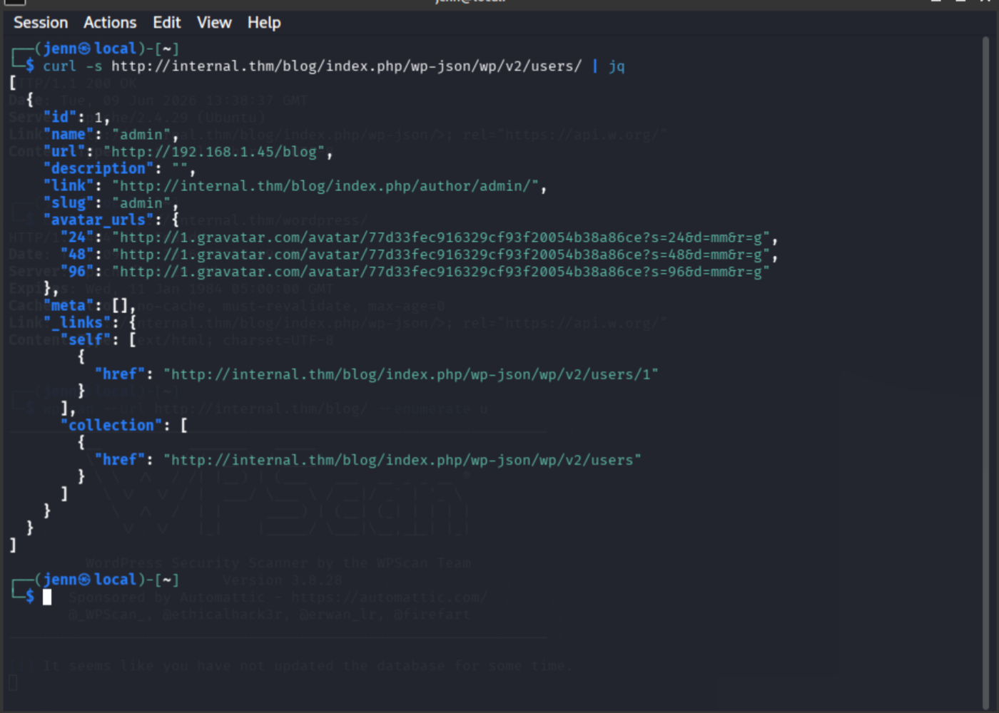 WordPress REST API user enumeration returning admin username and ID